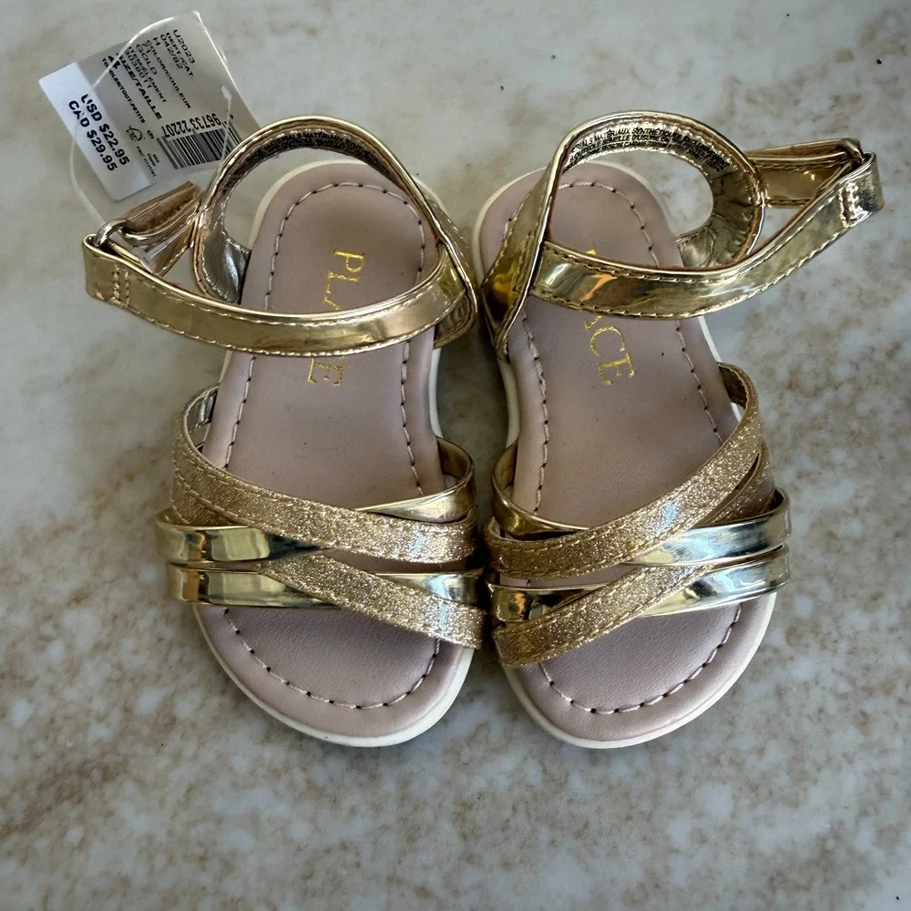 The Children's Place Sandals Toddler Girls 4 Gold Glitter Metallic Hook & Loop